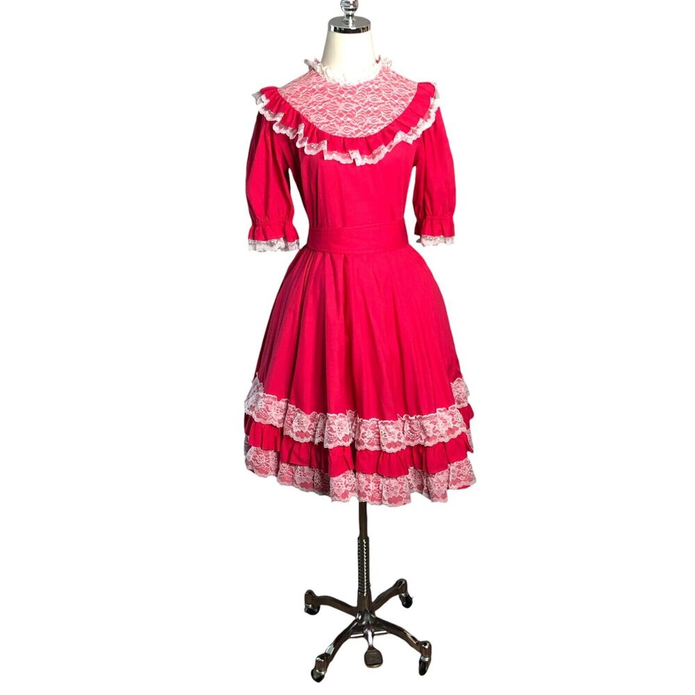 Vintage Square Dance Dress Red Lace Yoke Hand Sewn Circle Skirt Rockabilly